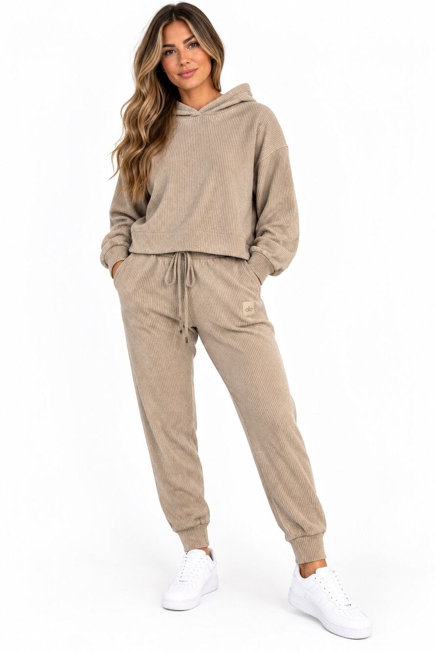 Alo Yoga Ribbed Velour Hoodie Jogger Pants 2 Piece Lounge Set Taupe M